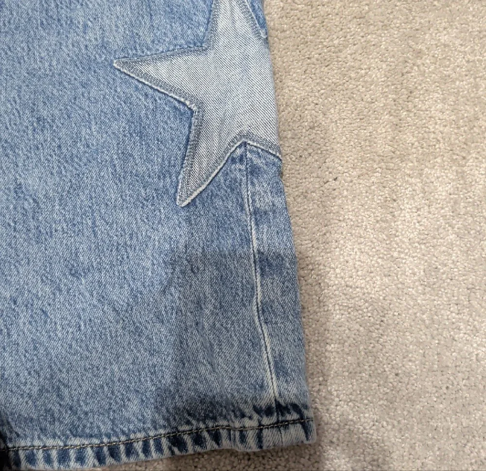 Wide Leg Super Baggy Star Appliqué Girls Jeans - Light Blue